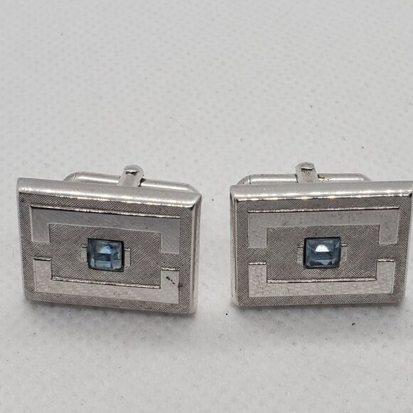 Swank Silver Colored & Blue Stone Cuff Links - Picture 1 of 3